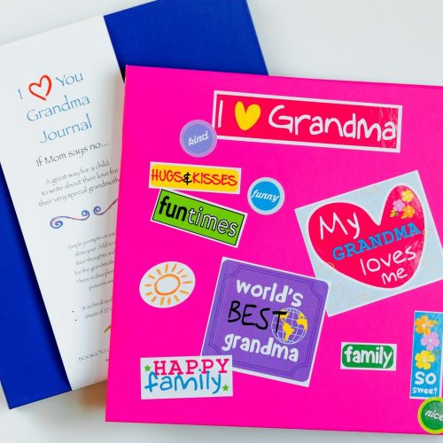 blue and pink prompted I love my grandma prompted kids journals with sticker sheet on cover