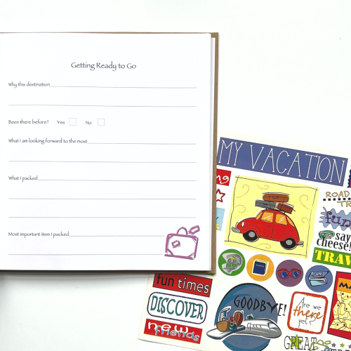 Kids Travel Journal with open page and sticker sheet