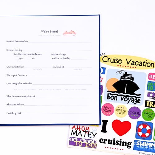 cruise journal with open page and sticker sheet