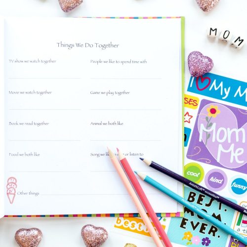 I Love You Mom kids prompted journal open page with sticker sheet