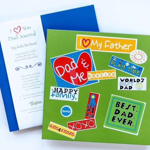 I Love You Dad blue and green prompted kids journals with sticker sheet shown on cover