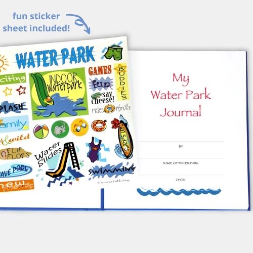 My Water Park Journal Kids prompted journal shown with open page and fun sticker sheet included