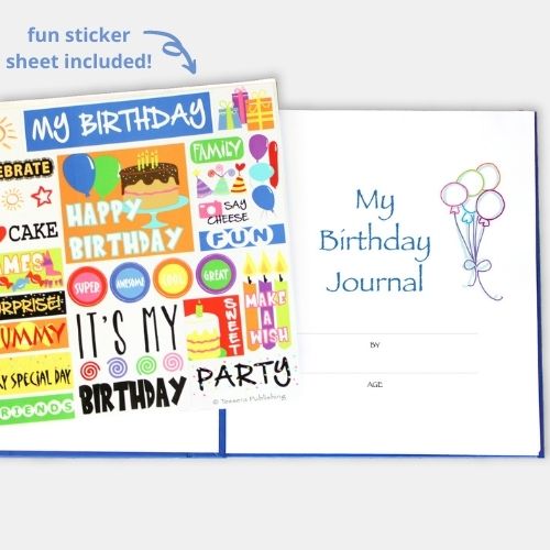 my birthday kids prompted journal shown with open page and fun sticker sheet included