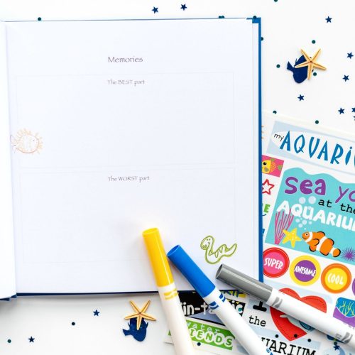 Kids Aquarium Prompted Journal open page with props