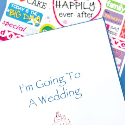 I'm Going To A Wedding Journal open page with sticker sheet in background