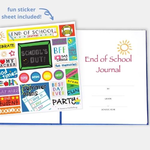end of school prompted kids journal showing fun sticker sheet included