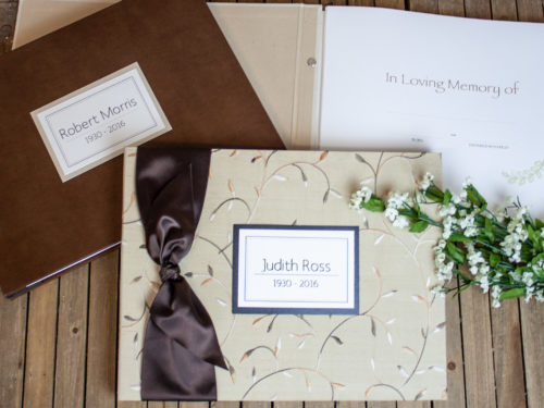 Memorial Guest Book cover options in brown leather and tri-tone silk