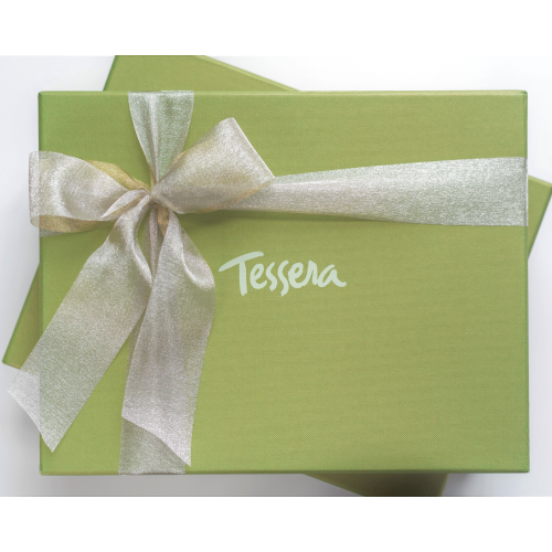 Keepsake gift box product photo with silver ribbon
