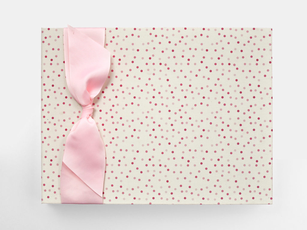 pink polka dot memory book with pink grosgrain ribbon