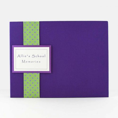 Purple cloth cover grade school memory book with layflat ribbon and name plaque