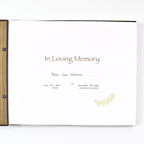 Memorial Guest Book title page with writing