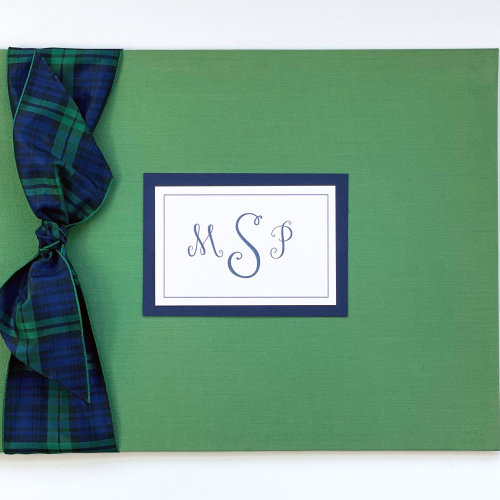 Green cloth memory book product photo with blackwatch plaid bow and monogram plaque