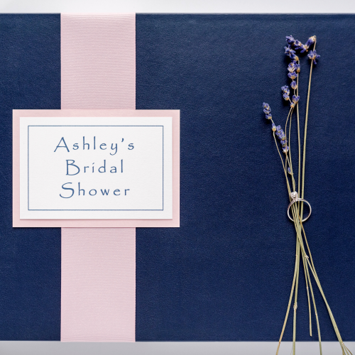 Wedding Shower Keepsake Book in marine leather with light pink grosgrain ribbon and customized name plaque