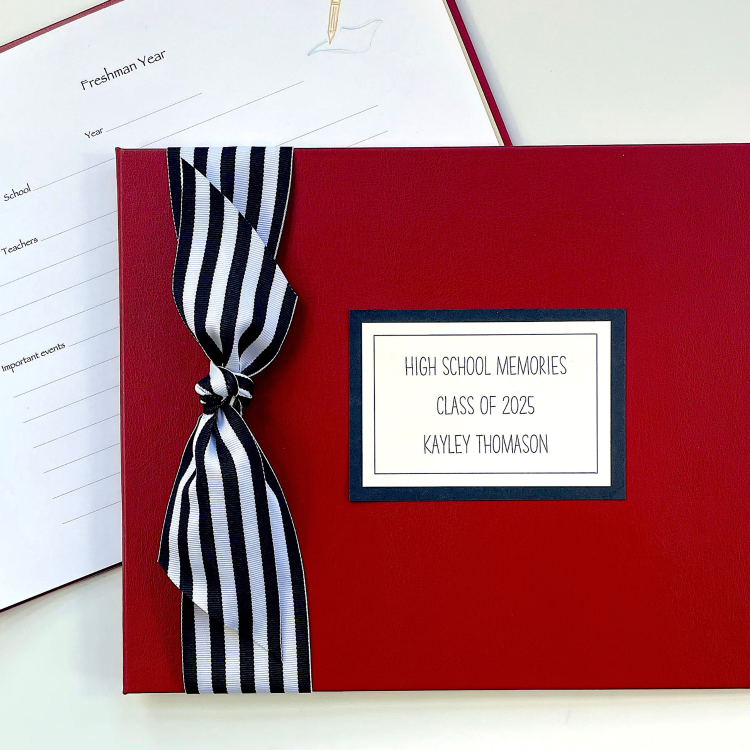 Cardinal Leather High School Memory Book with custom name plaque and black striped ribbon