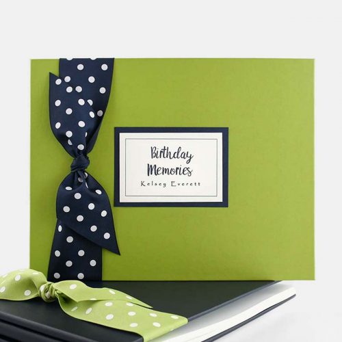 Birthday Memories Book Green cover with navy blue polka dot ribbon