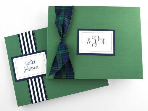 Green Memory Books with white plaques and ribbon options