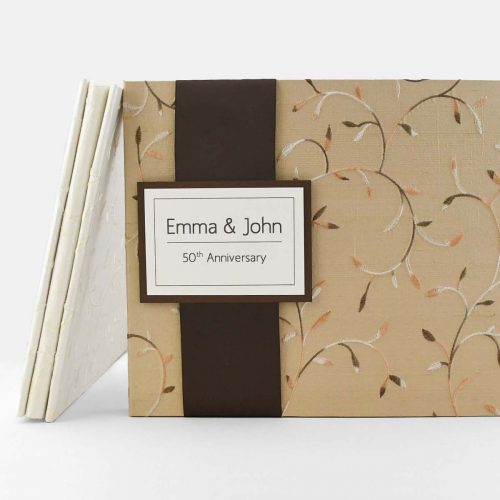 Milestone Anniversary Guest Book with brown grosgrain ribbon and name plaque
