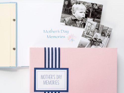 pink cloth mother's day memories book with open page and photos