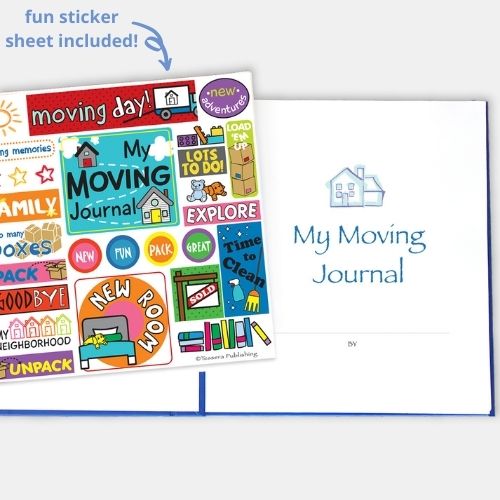 kids moving journal open page with fun sticker sheet included