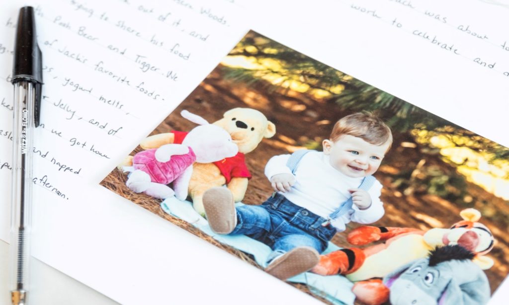 Favorite Memories Additional Insert Page with family photo of toddler playing with winnie the pooh characters