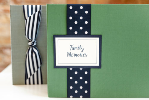 Green Family Memory Book with Navy Polka Dot ribbon and plaque