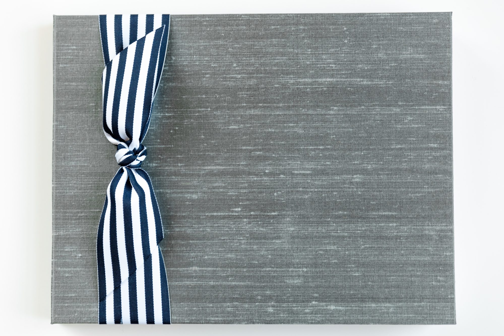 Silver Blue Silk Memory Book with Navy Stripe Grosgrain Ribbon
