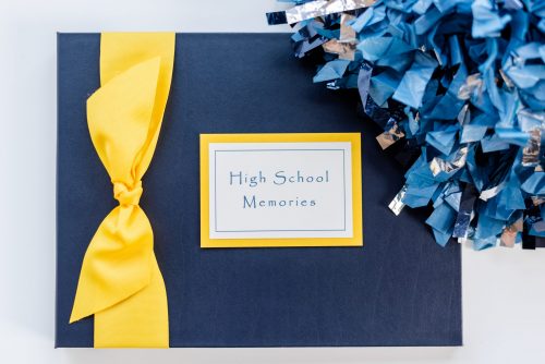 Marine Cover High School Memory Book with Yellow Grosgrain Bow and Plaque with Pom Pom Prop