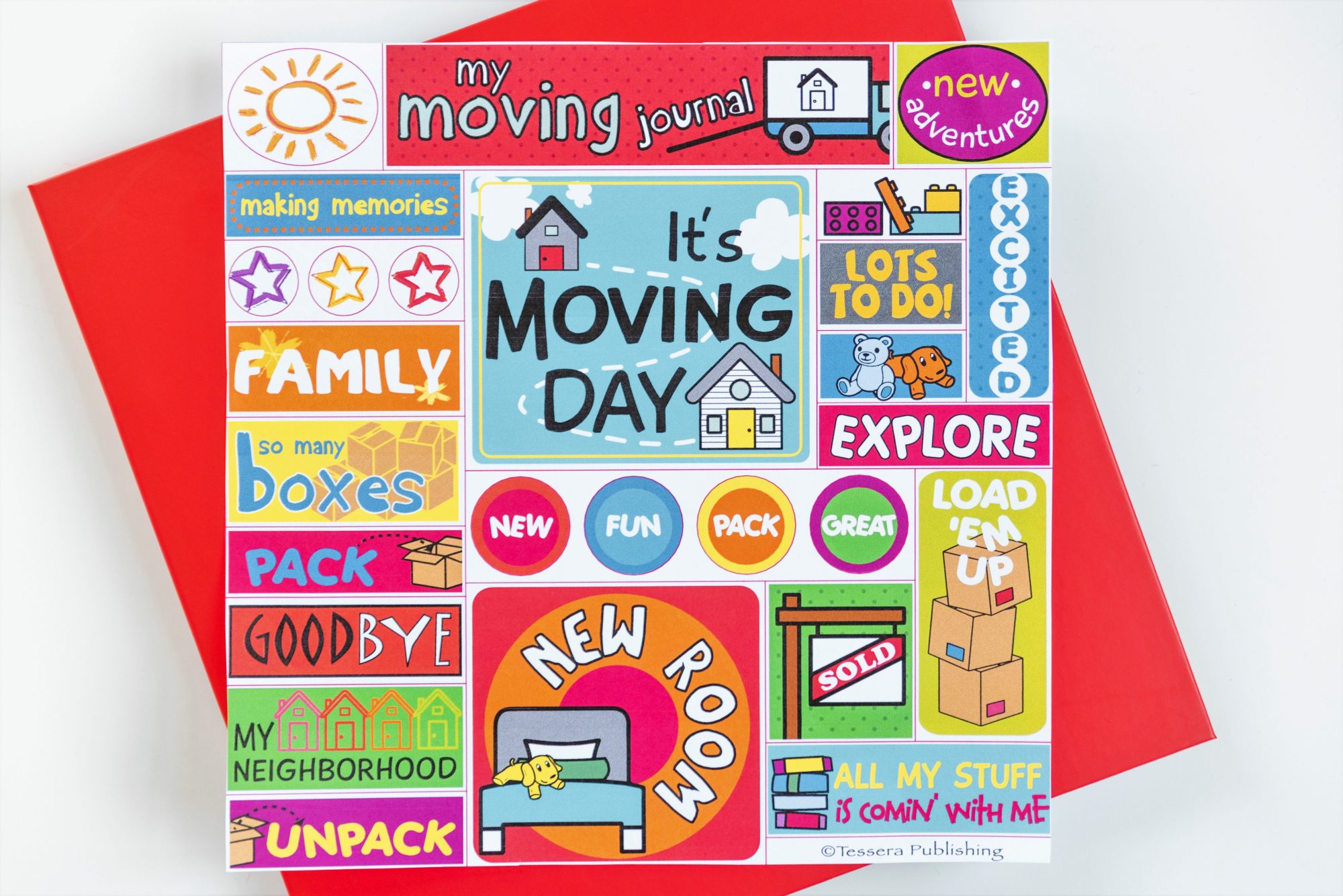 Kids moving journal red cover with sticker sheet included
