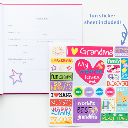 open kids journal shown with included sticker sheet