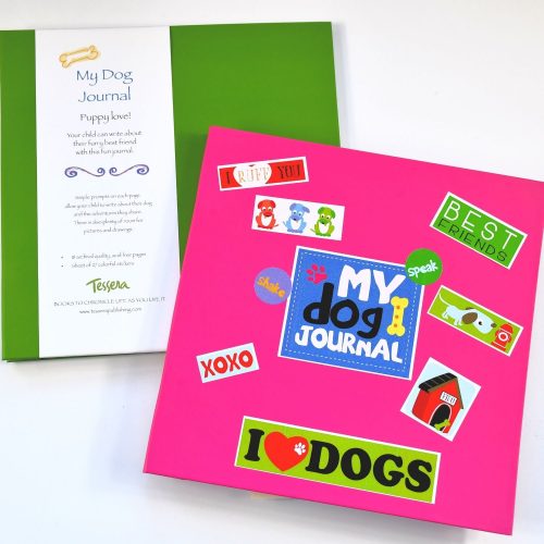 green and pink I Love My Dog prompted kids journal for new pet shown with stickers on cover
