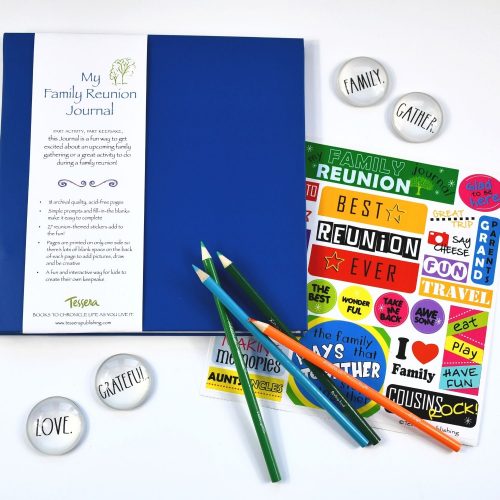 Kids Family Reunion prompted journal with blue cover and sticker sheet