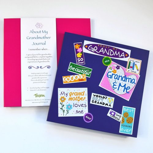 About my grandmother promoted kids journal pink and purple with stickers shown on the cover