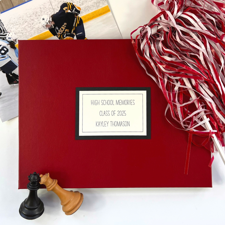High School Memories Book with red leather cover and custom plaque shown with props