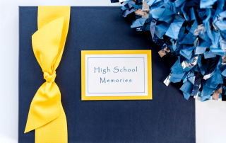 marine leather High School Memory Book with yellow grosgrain ribbon and yellow personalized plaque