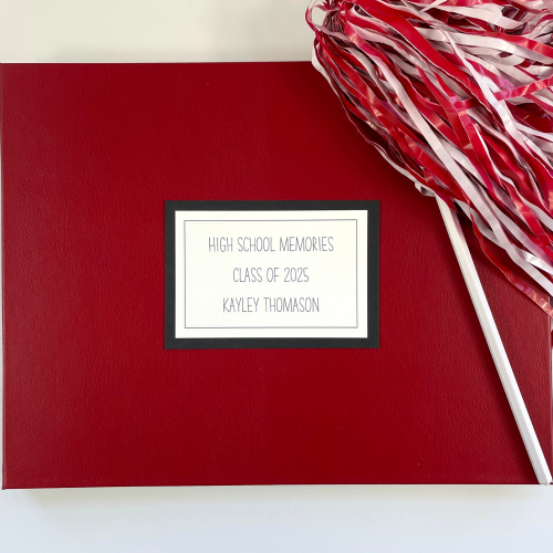 Red Leather High School Memory Book with name plaque and pom pom prop