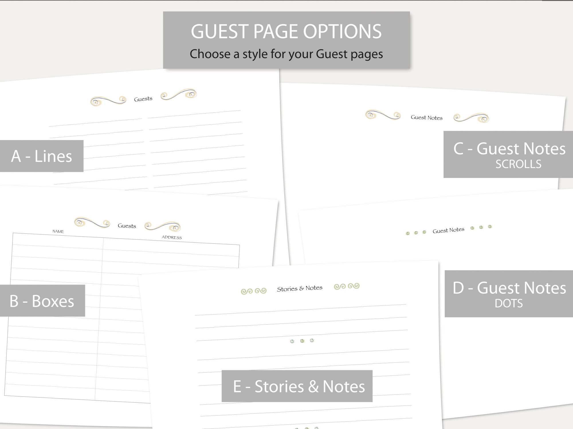 Selection of Guest Page Layouts for Tessera Memorial Guest Book