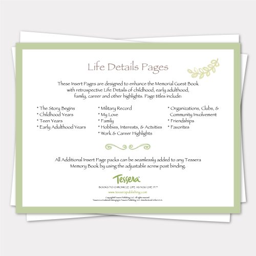 life details pages additional insert pages for tessera memory books