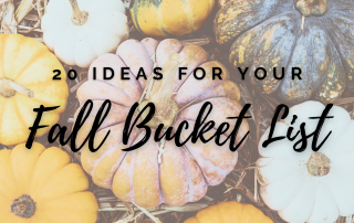 20 ideas for your fall bucket list graphic with assorted pumpkins
