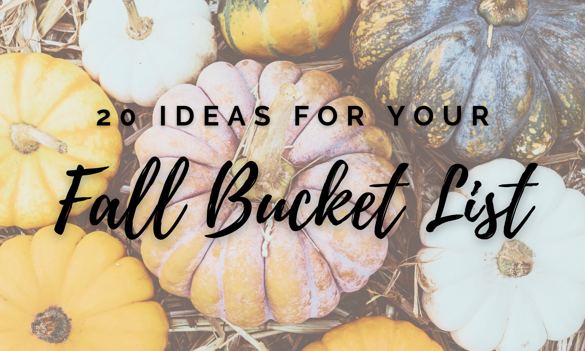 20 ideas for your fall bucket list graphic with assorted pumpkins