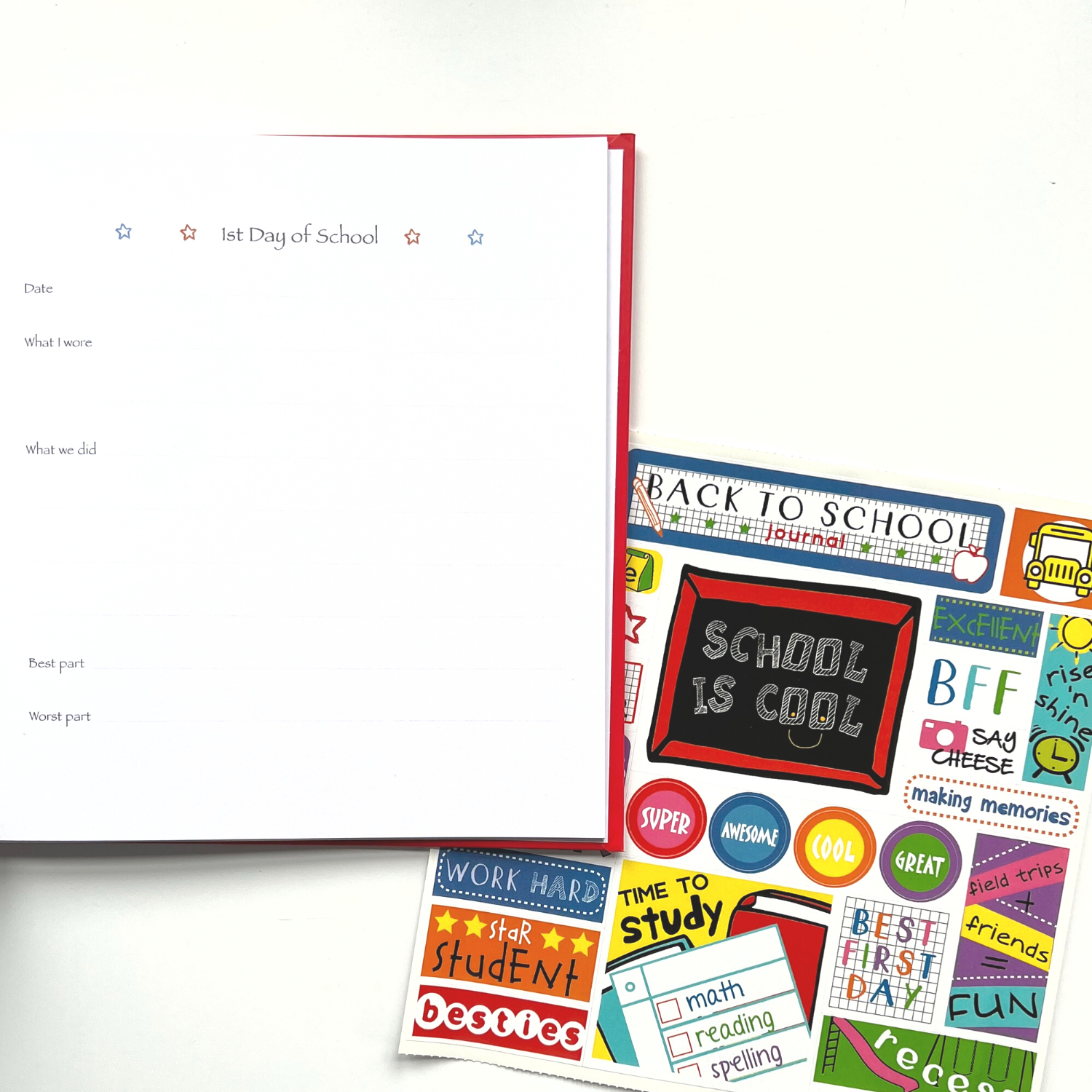 Back To School Journal with open page and sticker sheet