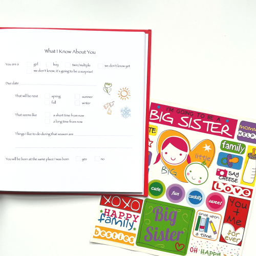 Big Sister Kids Journal open page with sticker sheet