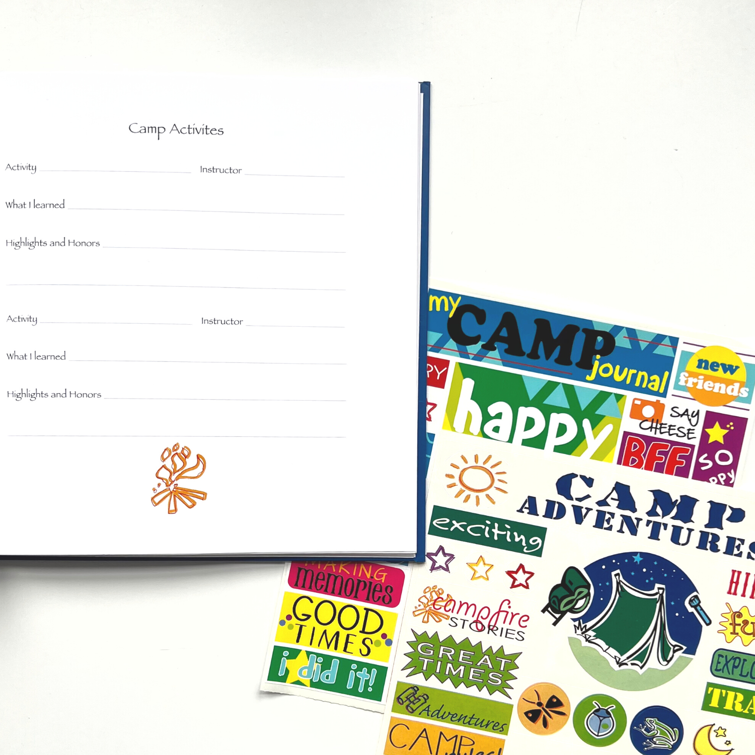 Camp Journal with open page and two sticker sheet options