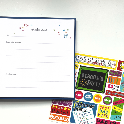 End of School Kids Journal with open page and sticker sheet