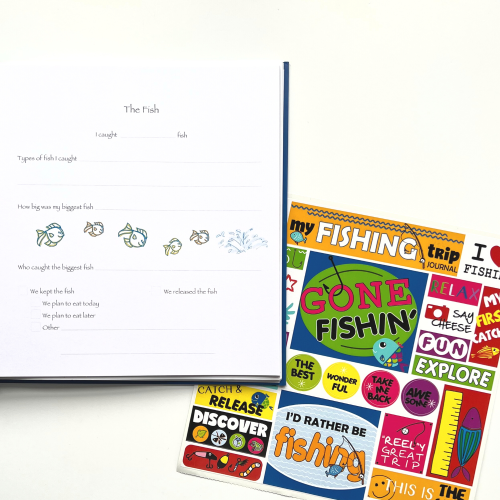 Fishing Journal with open page and sticker sheet