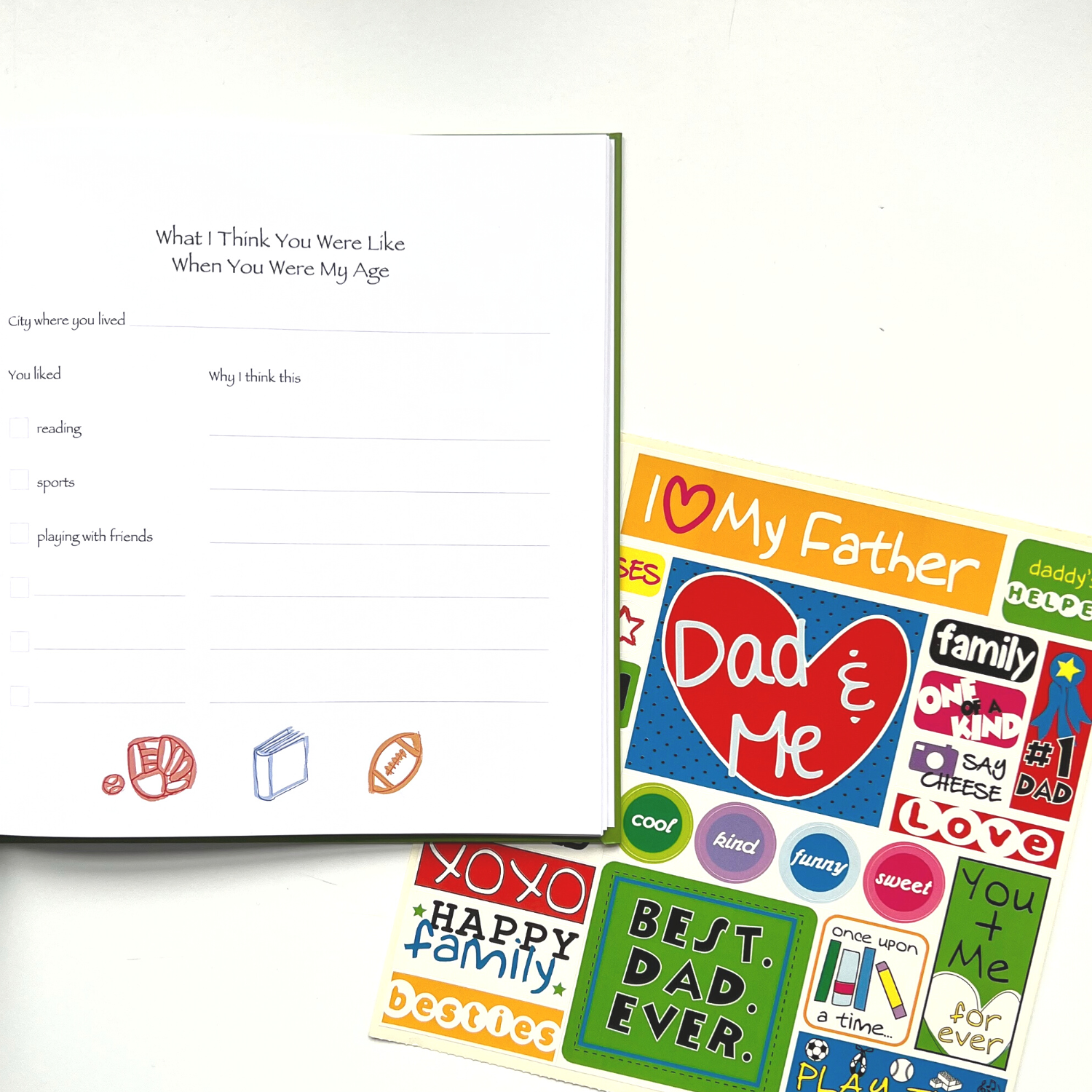 I Love You Dad Journal with open page and sticker sheet
