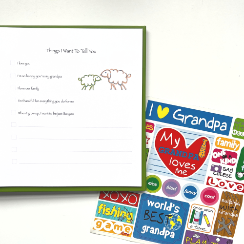 I Love You Grandpa Journal with open page and sticker sheet