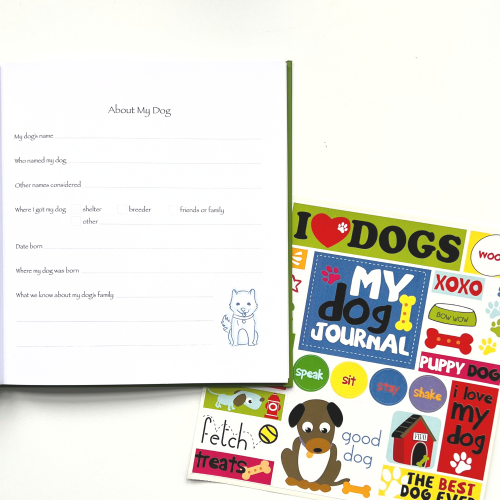 I Love My Dog Journal with open page and sticker sheet