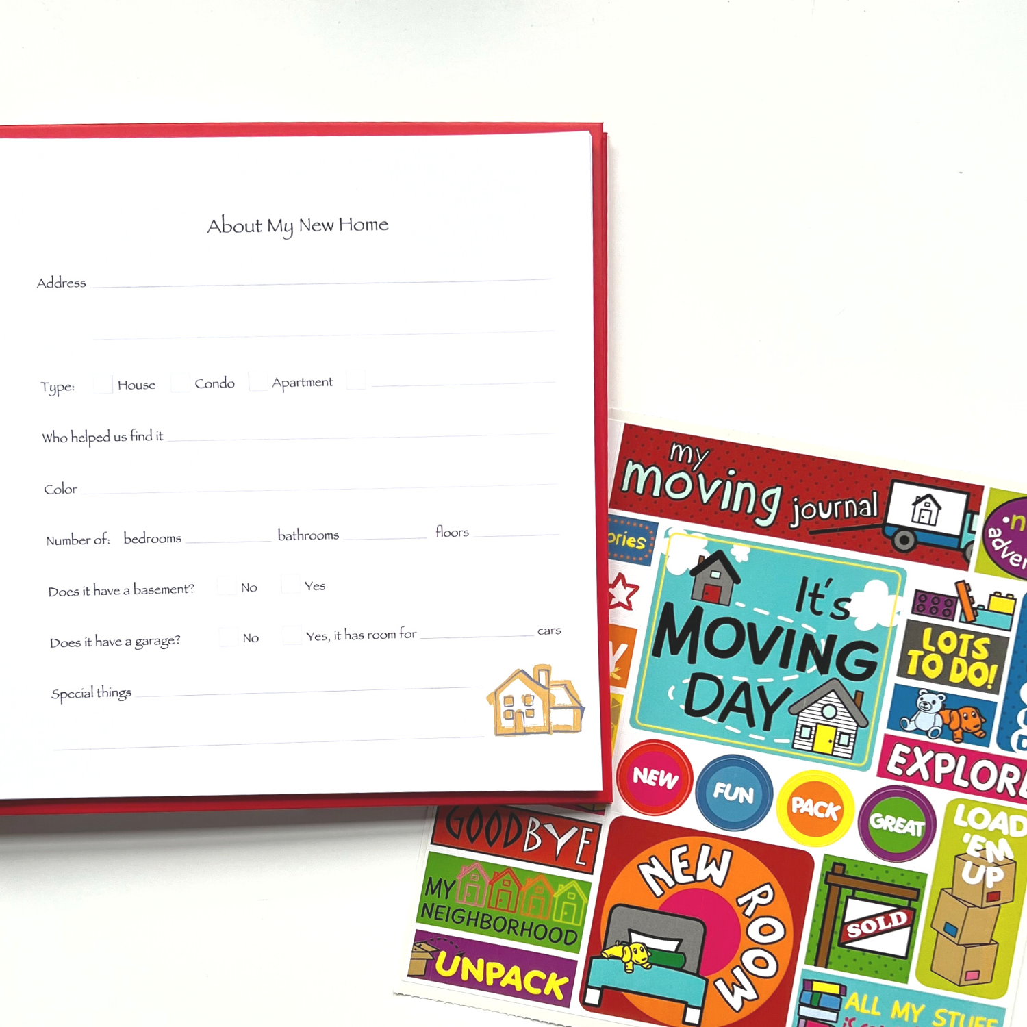Moving Journal prompted kids journal with open page and sticker sheet