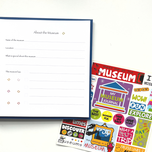 Museum journal with open page and sticker sheet
