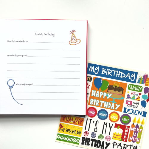 Birthday Kids Journal with open page and sticker sheet